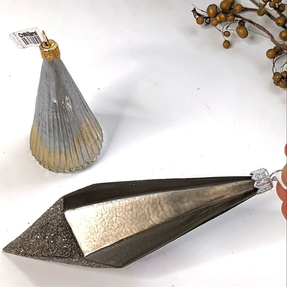 Crate& Barrel Set Of Two (2) Modern Mixed Metal Christmas Ornaments
